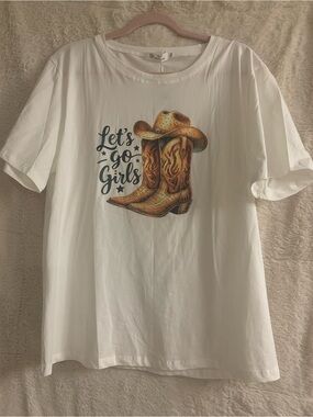 White Rhinestone Short Sleeve Tee with Cowboy Boots Print